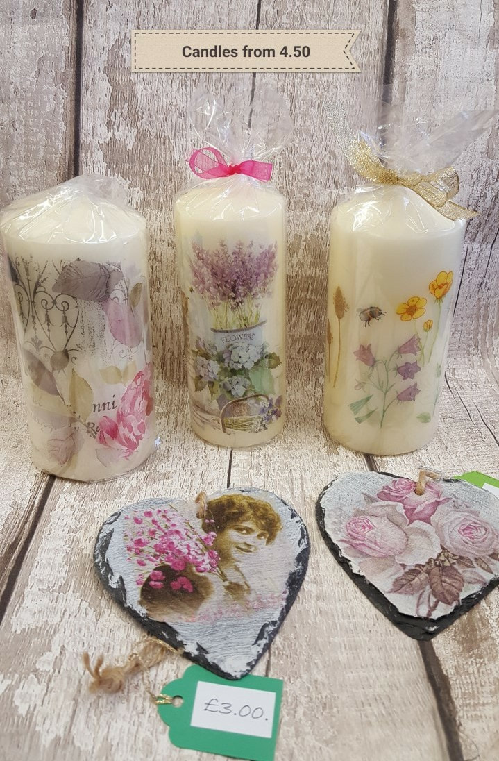 Lovely decoupaged candles by Liz 
From £4.50